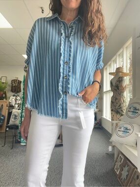Blue Striped Button-Down Shirt with Frayed Placket